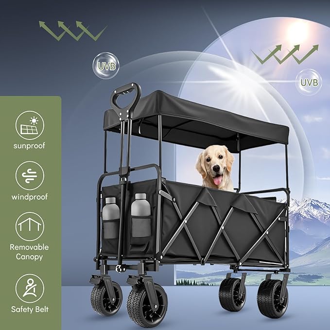 350L Large Capacity Foldable Wagon with Removable Canopy & Brakes, 560lbs Heavy Duty Collapsible Wagon Cart with Push Handle All-Terrain Big Wheels for Camping, Sports, Shopping, Beach