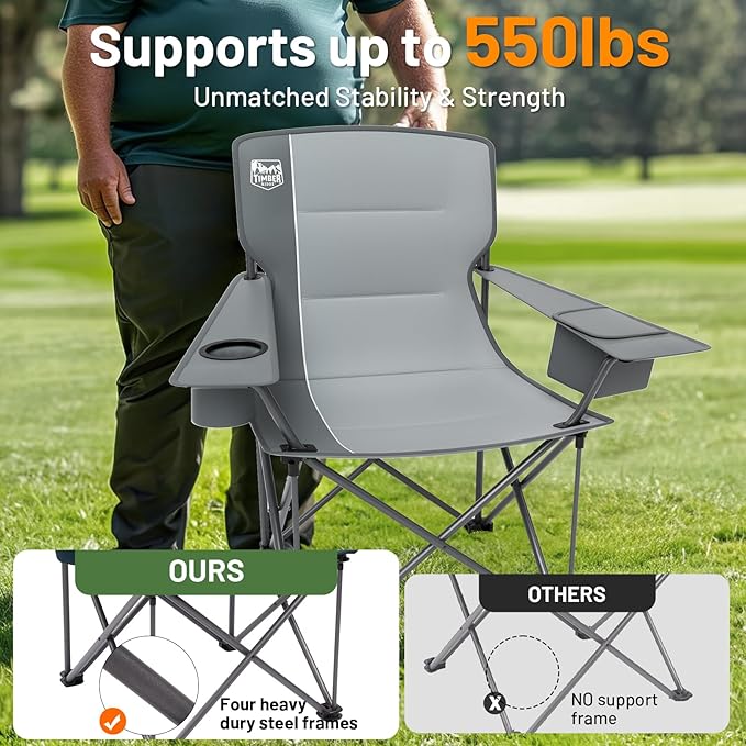 TIMBER RIDGE Oversized Folding Camping Chair for Adults, Support 550 LBS Heavy Duty with Cup Holder Side Pocket for Camping, Lawn, Picnic, 2 Pack(Grey)