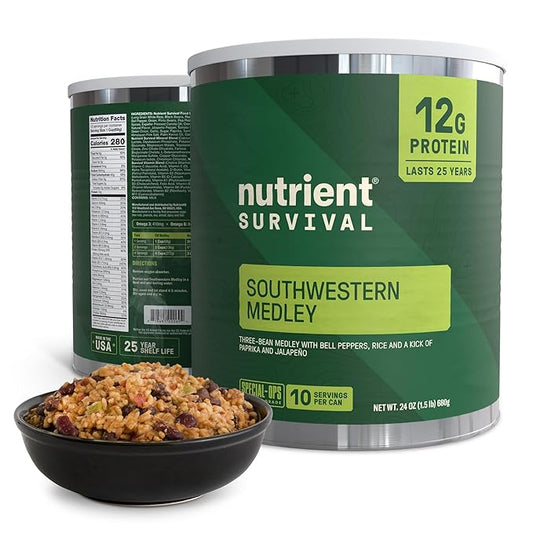 Nutrient Survival MRE Southwestern Medley Ready to Eat Meals (10 Servings) Freeze Dried Prepper Supplies & Emergency Food Supply, 40 Essential Nutrients, Shelf Stable Up to 25 Years, One Can