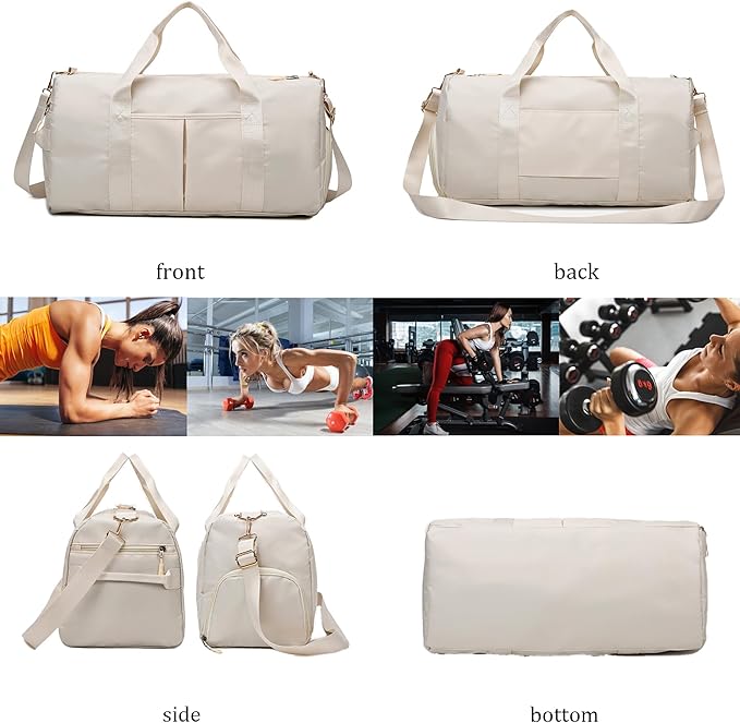 Women Gym Bag with Separation for Wet and Dry, Shoe Storage, Waterproof Travel Duffle Bag for Gym, Swimming, Yoga, Sports (Beige)