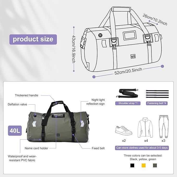 Waterproof Duffel Bag，Roll-Top Heavy Duty Dry Duffle Bag，Motorcycle Dry Bag，with Quick-fixed Straps，with Large Storage Space, Perfect for Traveling, Camping, Kayaking, Fishing & Canoeing (green, 40L)