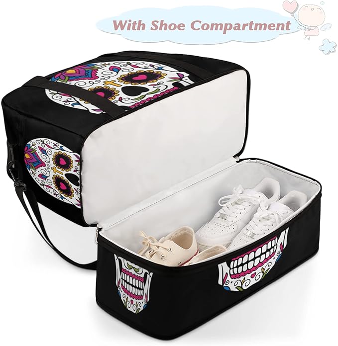 Sugar Skull Mexican Foldable Travel Duffel Bag Tote Carry On Luggage Sports Gym Bag With Shoe Compartment For Woman Man Overnight Weekend Yoga Workout Bag Training Handbag