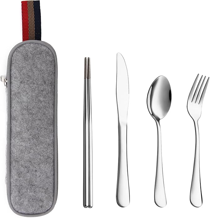 DEVICO Camping Utensils, Portable Travel Utensils with Case, Stainless Steel Reusable Silverware for Lunch Adult, 5Pcs Cutlery Set Includes Knife Spoon Fork Chopsticks and Case (Silver)