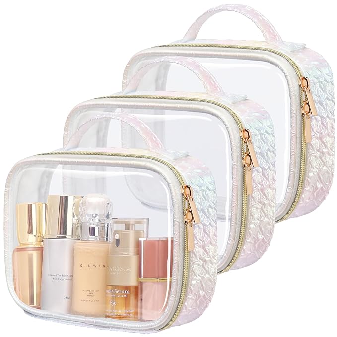 PACKISM TSA Approved Toiletry Bag - Ruched Textured Clear Makeup Bag, Iridescent White, with 180° Large Opening and Supporting Frame, Perfect for Travel Essentials, Thick No Smell