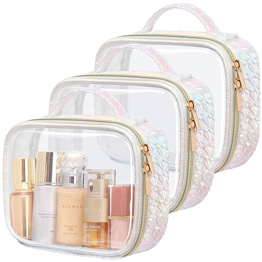 PACKISM TSA Approved Toiletry Bag - Ruched Textured Clear Makeup Bag, Iridescent White, with 180° Large Opening and Supporting Frame, Perfect for Travel Essentials, Thick No Smell