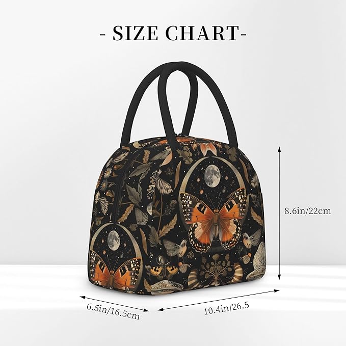 Orange Butterfly Moon Lunch Bag Lunch Box for Women Men Boys Girls, Reusable Insulated Lunch Tote Bag, Leakproof Thermal Cooler Sack Food Handbags High Capacity for Work School Picnic Camping Gifts