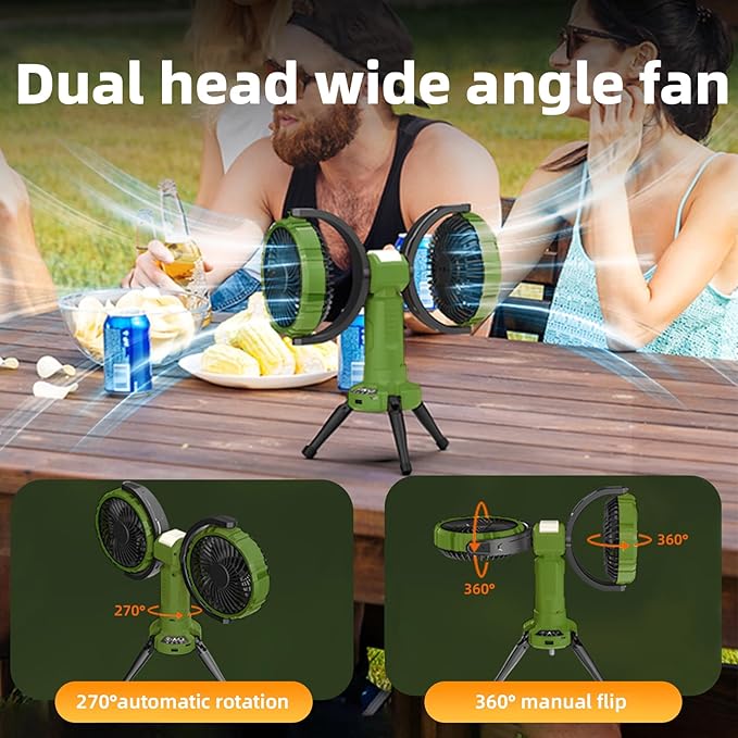 Solar Camping Fan Rechargeable,6000 mAh Battery Powered Automatic Oscillating Tent Fans with 4 Solar & LED Light Panals,Portable Camping Essentials for Canopy,Fishing,Travel,Outdoor,Green