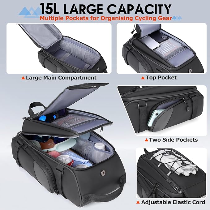 RAINSMORE Bike Bags for Bicycle Rear Rack 15L Waterproof Bike Ebike Trunk Pannier Saddle Bag with Rain Cover Bike Accessories Backpack Shoulder Bag for Commuter Travel Outdoor, Black
