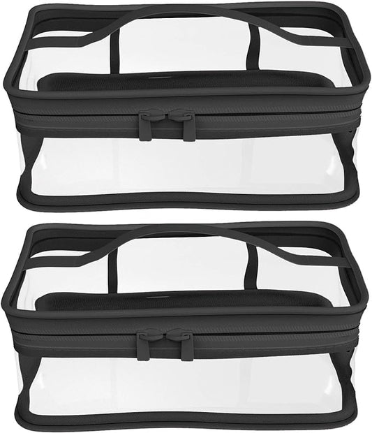 Black Transparent Cosmetic Bag Waterproof Handbag Portable Travel Work Make Up Kit Double Zipper Storage Bag, 2 PCS