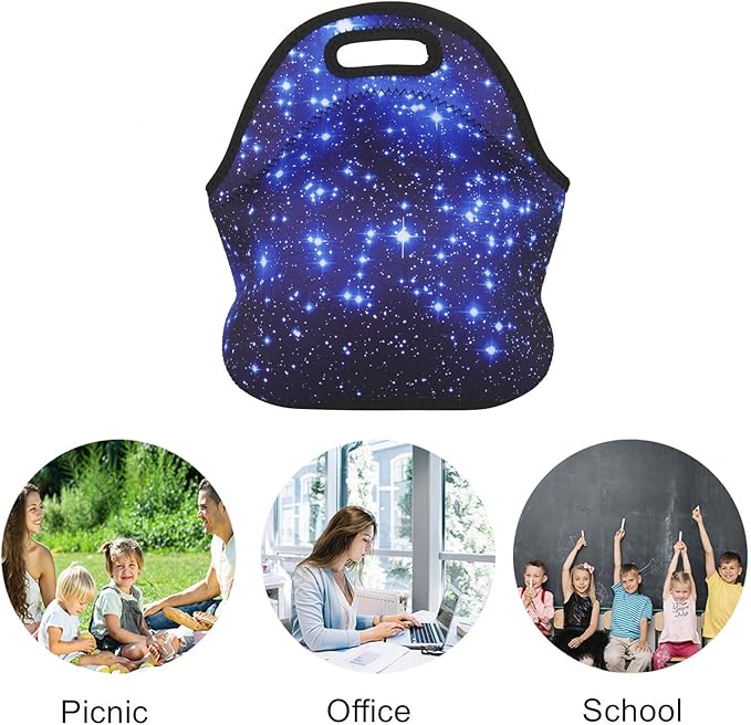 LOVAC Neoprene Lunch Bags,Reusable Lunch Tote,Durable and Waterproof Lunch Bag,Insulated Soft and Lightweight (Blue Stars)