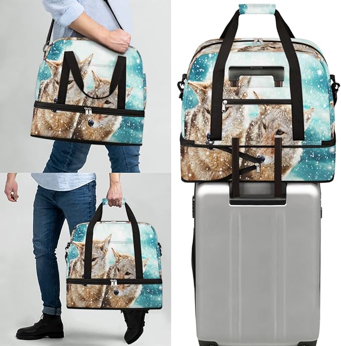 Wolf Snow Foldable Travel Duffel Bag Tote Carry On Luggage Sports Gym Bag With Shoe Compartment For Woman Man Overnight Weekend Yoga Workout Bag Training Handbag