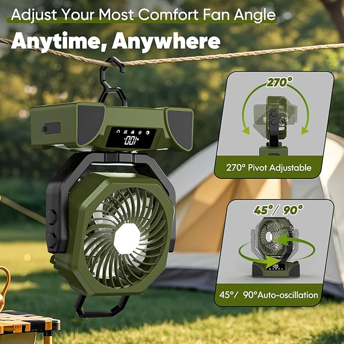 Portable Rechargeable Fan, 20000mAh Battery Powered Fan with LED Light, Camping Fans for Tent Remote Control, 5 Speed & Hook, 10-inch Outdoor Cordless Fans for Travel,Home, Beach, Power Outage - Green