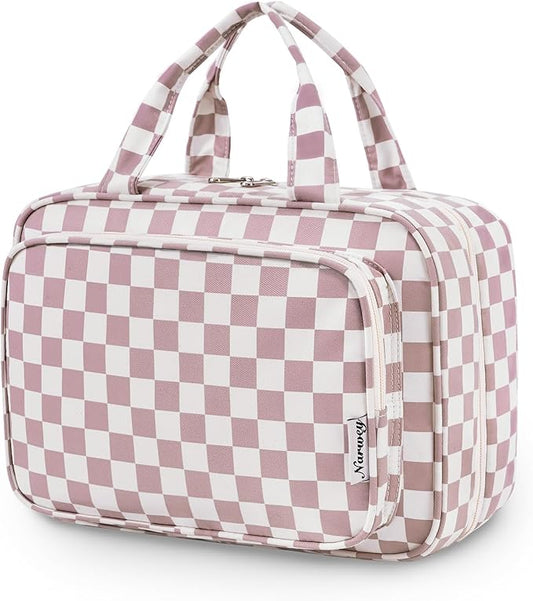 Narwey Travel Toiletry Bag for Women Large Hanging Makeup Bag Organizer Toiletries Bag for Full Size Essentials Accessories Cosmetics (Dusty Rose Checkerboard (Large))