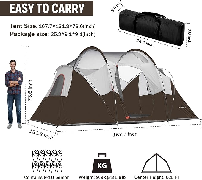 HIKERGARDEN 10 Person Camping Tent - Portable Easy Set Up Family Tent for Camp, Windproof Fabric Dome Tent Outdoor for Hiking, Backpacking, Traveling-14'x11'x74in(H)