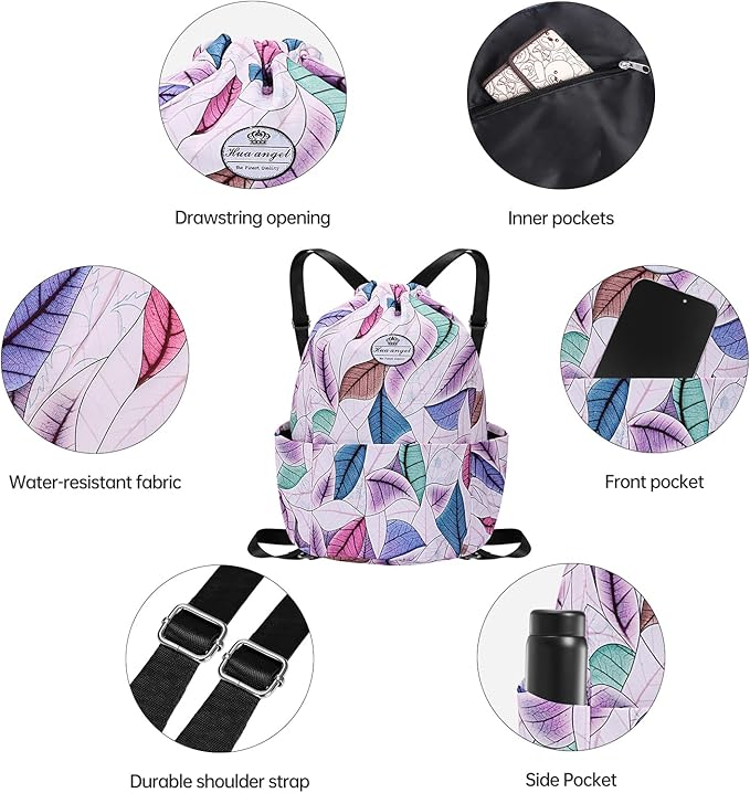 HUA ANGEL Floral Print Drawstring Bag - Lightweight Waterproof Cinch Sackpack with Side Pocket for Men & Women Travel Gym Bag