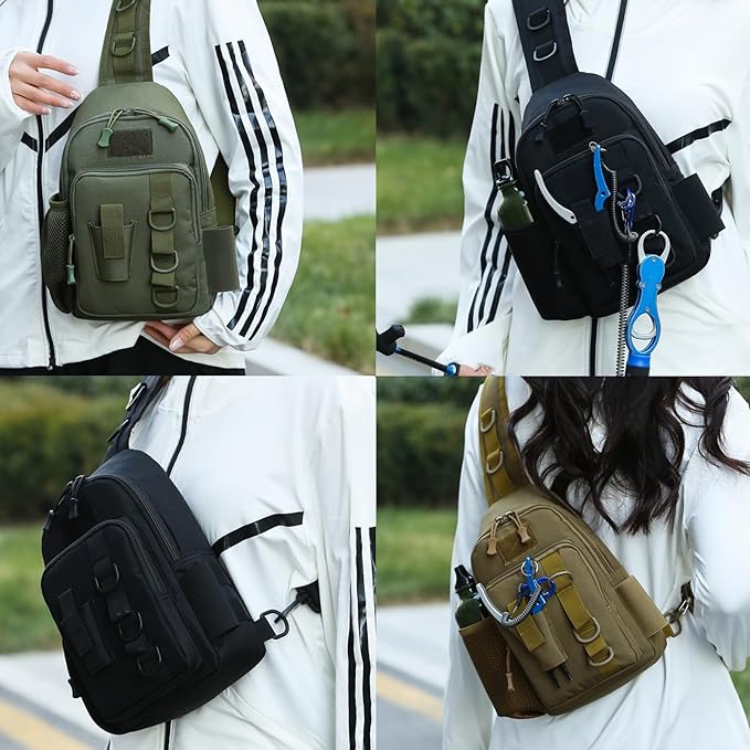 Fishing Sling Bag - Small Fishing Tackle Storage Bags with Rod Holder (Green Camo)