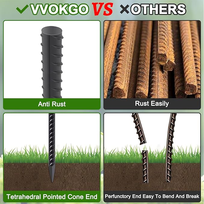 VVOKGO Rebar Stakes 24 Inch Ground Straight Rebar Stakes (16pcs), Heavy Duty Ground Anchors, 3/8" Diameter Steel Plant Support Garden Stake with Chisel Point End, Hammer Through Hard Soil for Camping