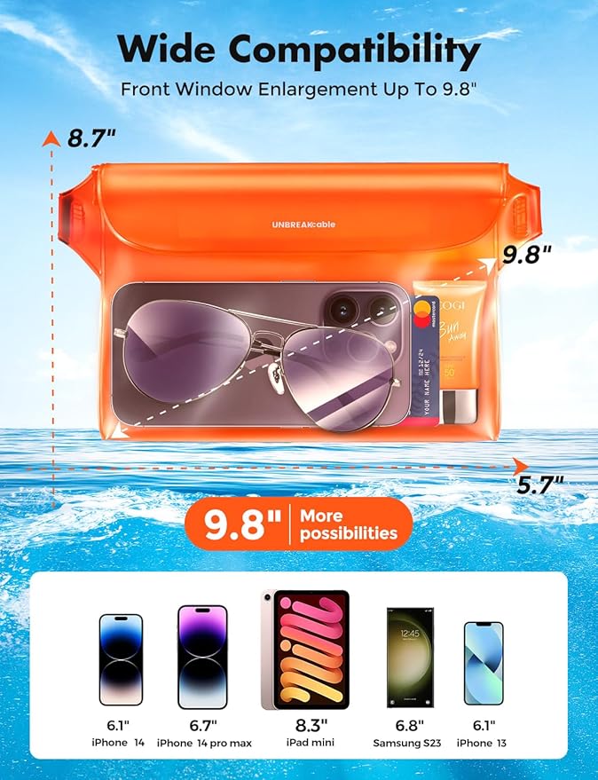 UNBREAKcable Waterproof Phone Pouch with Adjustable Waist Strap- 2 Pack [9.8'' Front window] [SGS IP68 Waterproof] [71'' Maximum Adjustable Waist Length] Waist Bag Screen Touchable Floating Dry Bag