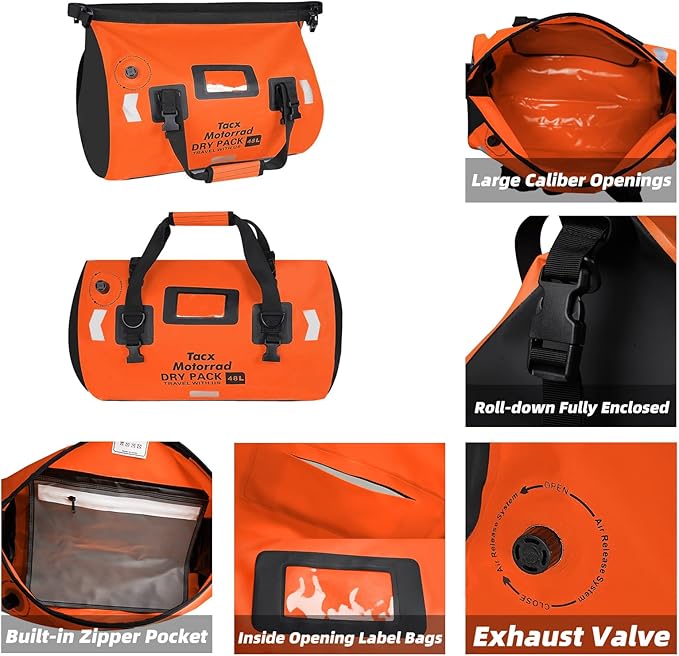 Waterproof Duffel Bag for Men/Women, Roll-top Dry Backpack Duffel Bag with Quick-fixed Straps, Motorcycle Tail Saddle Bag for Motorcycling, Rafting, Boating, Kayaking, Travel, 48L-Orange