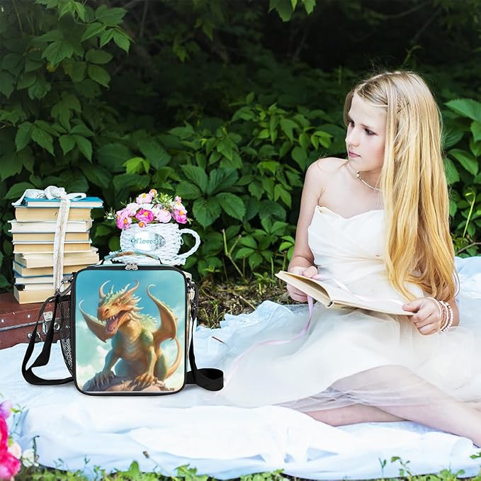 Dragon Lunch Box for Kids, Watercolor Animal Dragon Lunch Bag for Boys Girls, Reusable Insulated Waterproof Lunch Box with Adjustable Shoulder Strap Thermal Cooler Tote Bag for School Daycare Picnic