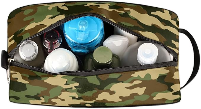 Green Camo Portable Travel Toiletry Bag, Geometry Camouflage Print Dopp Kit Cosmetic Organizer Makeup Bag Shower Shaving Bag for Men Women