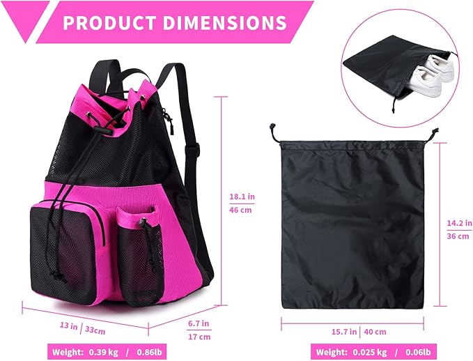 Lohol Large Mesh Drawstring Backpack with Shoe Bag, Durable Swimming String Sack with Handle for Sports Gym Yoga Beach Travel