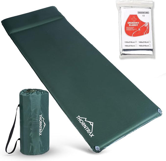 Throntrax Camping Sleeping Pad - Ultralight Camping Mat with Pillow Built-in - 3.1" Thick | Self-Inflating & Suitable for All Seasons - Compact Sleeping Pad for Camping - Green