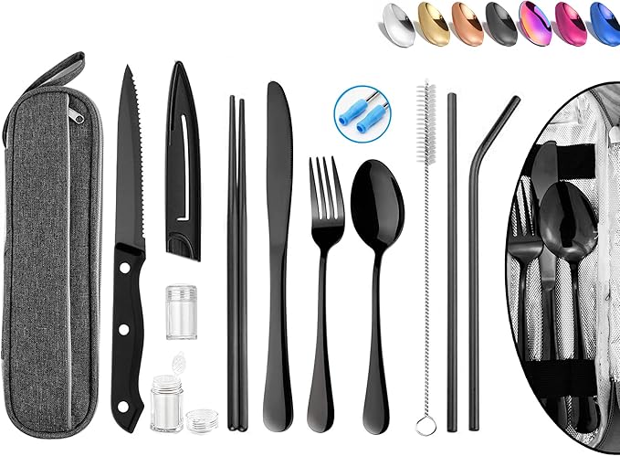 Stainless Steel Portable Reusable Travel Utensils with Case - Flatware Cutlery Set, Chopsticks, Straw - Black