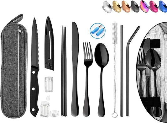 Stainless Steel Portable Reusable Travel Utensils with Case - Flatware Cutlery Set, Chopsticks, Straw - Black