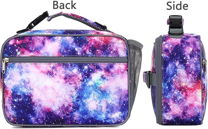 FlowFly Kids Lunch Bag, Durable Insulated School Lunch Box with Shoulder Strap and Bottle Holder, Water-resistant Thermal Small Lunch Cooler Tote for Teen Boys & Girls,Galaxy
