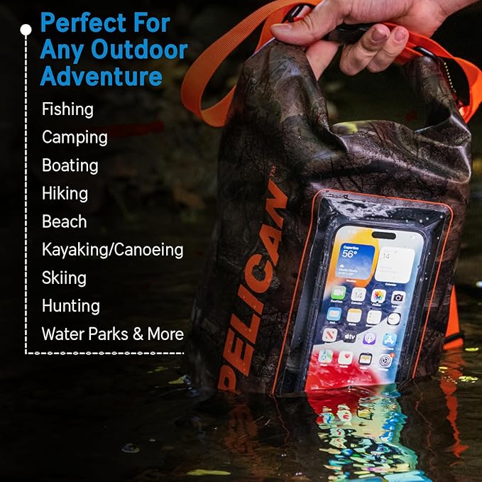 Pelican Marine IP68 Waterproof Dry Bag 5L - Roll Top Waterproof Backpack w/Phone Case/Pouch - Boating & Kayak Accessories - Essentials for Camping Swimming Beach Fishing Rafting Travel - Hunter Camo