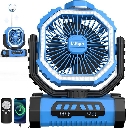 Portable Camping Fan with Led Lantern, 20000mah Rechargeable Battery Outdoor Fan,4 Speed with Remote, Auto Oscillation, 360° Rotation Hook, for Camping, Power Outage,Hurricane, Home (Blue)
