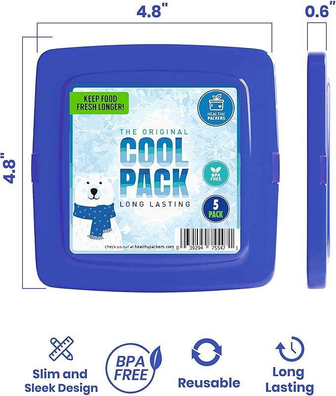 Healthy Packers Multi-Color Slim Long-Lasting Ice Packs for Lunch Box or Cooler Bag (5 pack)
