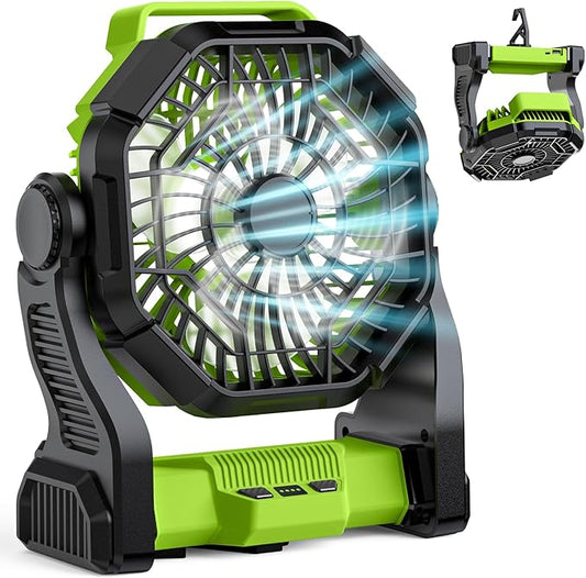 Battery Powered Fan Rechargeable, Real 10000mAh Portable Camping Fans for Tents, 10-Inch Cordless Battery Fans with LED Lights, Quiet Outdoor Fan for Travel, Hurricane, Power Outage, Green