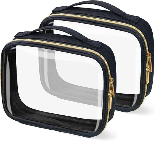TSA Approved Travel Toiletry Bag,2 Pack Clear Makeup Bags with Handles,Quart Size Clear Cosmetic Bags for Traveling Women,Men,Carry on Airport Airline Compliant Bag,Black