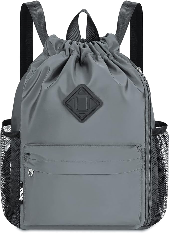 WANDF Drawstring Backpack Sports Gym Bag with Shoes Compartment, Water-Resistant String Backpack Cinch for Women Men(Small,Grey)