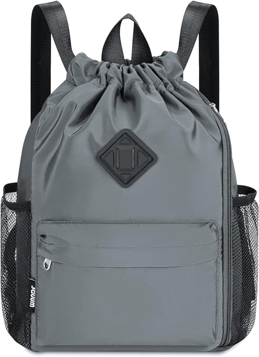 WANDF Drawstring Backpack Sports Gym Bag with Shoes Compartment, Water-Resistant String Backpack Cinch for Women Men(Small,Grey)