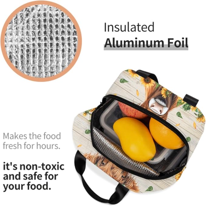 Giwawa Highland Cow Kids Lunch Bag Sunflower Cattle Insulated Girls Lunch Box Yellow Floral Wood Board Thermal Cooler Lunch Tote Bag for Teens Boys School Students Men Women Picnic