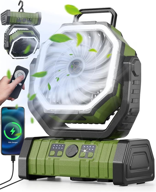 20000mAh Portable Camping Fan with LED Light, Rechargeable Battery Powered Oscillating Fan with Remote & Hook,Timer, 65HRS Running, 4-Speed for Travel, Tent, Room, Car, Picnic, Fishing (Green)