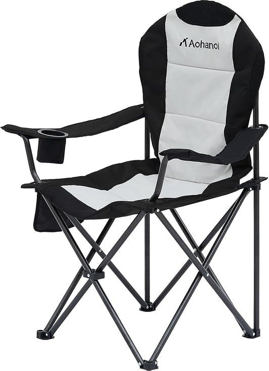 Camping Chairs for Heavy People, Folding Chairs for Outside Outdoor Folding Chairs with Cup Holder & Cooler Bag, Camp Chairs Supports up to 400lbs(1 PC, Black White)