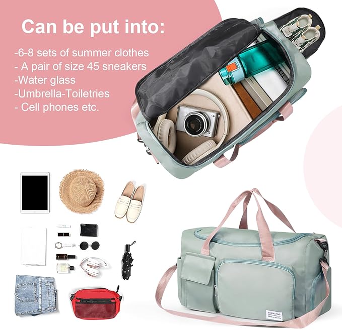 Small Gym Bag for Women, Travel Tote Bag with Compartments, Wet Pocket, Zipper for Dance, Swim, Sports Overnight Bag Green with Pink Handles