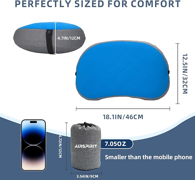 Ultralight Camping Pillow Inflatable with Removable Washable Cover, Compact Travel Pillow for Neck Support, Hiking, Backpacking, Office, Airplane, Car & Beach - Adjustable Firmness (Blue)