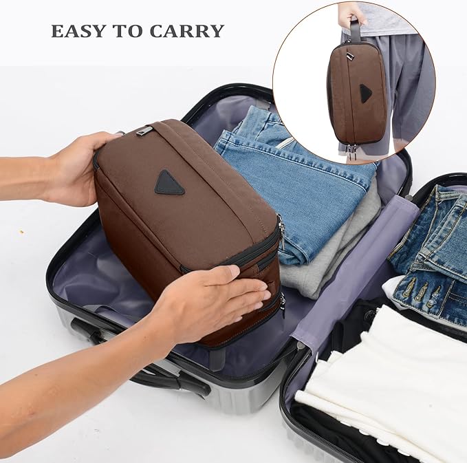 Mens Toiletry Bag Travel Leather Toiletry Organizer Dopp Kit for Men Water-resistant Shaving Bag for Bathroom (Brown)