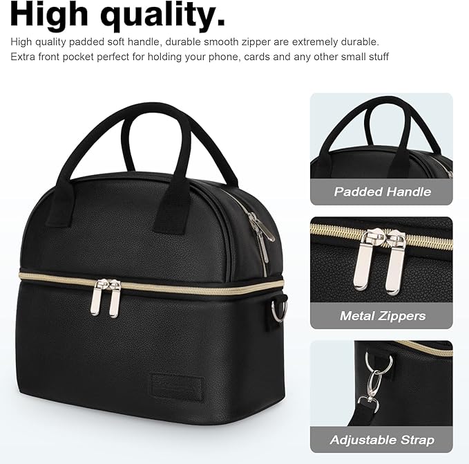 BALORAY Lunch Bag for Women Men, Double Deck Lunch Box for Adults, PU Leather Lunch Tote Bag Insulated Lunch Bags with Strap for Work Office Picnic