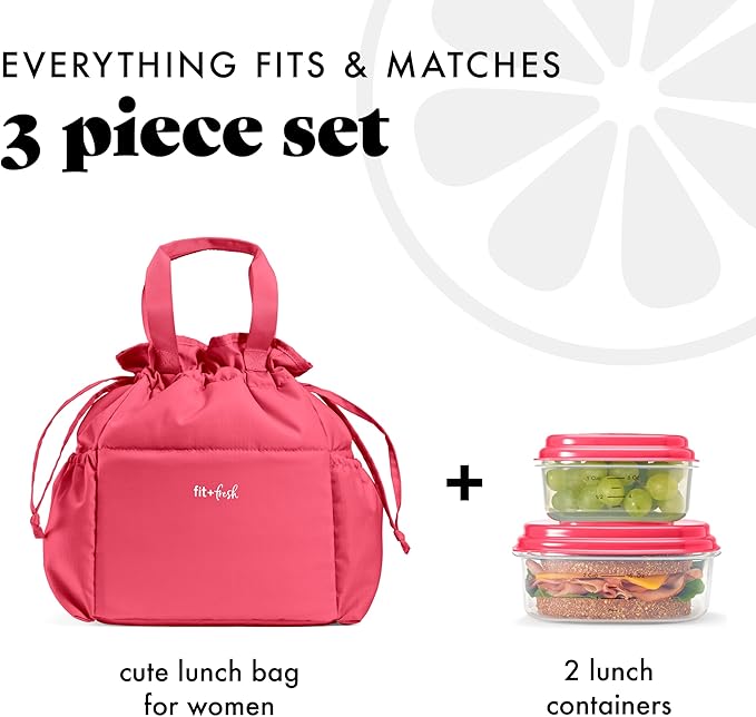 Fit & Fresh Lunch Bag For Women, Insulated Womens Lunch Bag For Work, Stain-Resistant Large Lunch Box For Women With Containers, Cinch Closure Cromwell Bag, Watermelon Pink