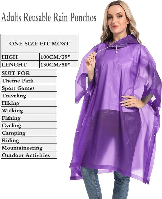 Reusable Rain Ponchos with Drawstring Hood for Adults, Waterproof Thicken Rain Coat, 2 Packs