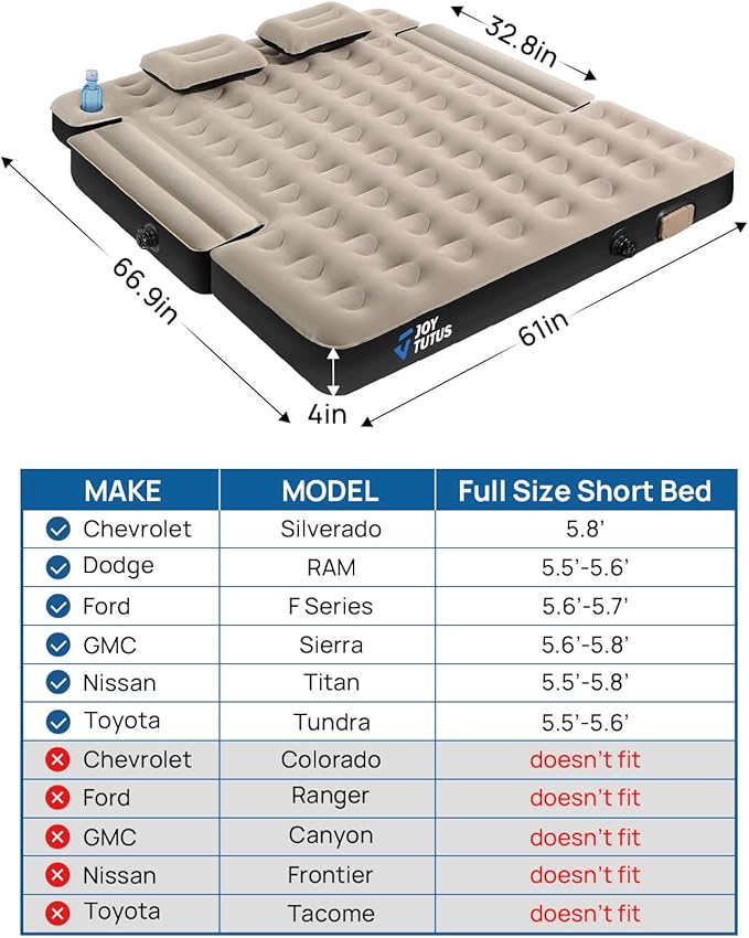 JOYTUTUS Truck Bed Air Mattress for 5.5-5.8Ft with Built-in Air Pump,Full Size Short Beds Inflatable Mattress for Outdoor Camping, with Carry Bag & Cup Holder