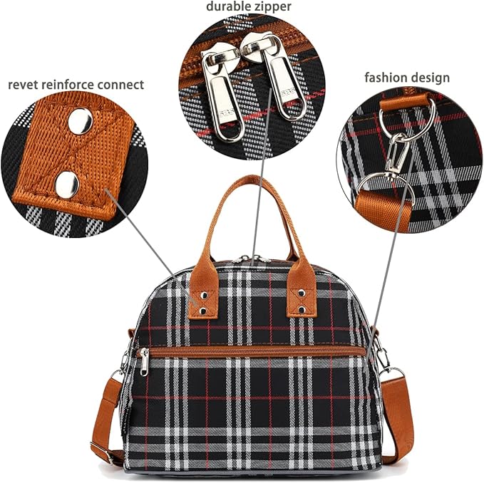 FlowFly Insulated Lunch Bag With Shoulder Strap for Women, Men, and Kids, Large and Reusable, Handle, Freezable Work and School Travel Tote and Meal Prep Organizer (W&B)