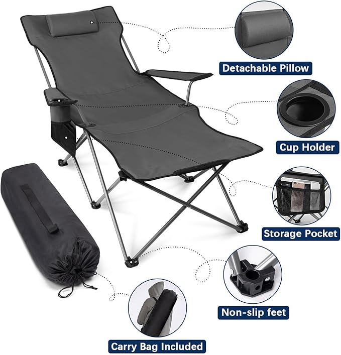 apollo walker Camping Chairs for Adults - 6 Legged Beach Chair with Foot Rest, Adjustable 90° - 135° Reclining Lounge Chair Outdoor, Folding Chairs for Outside with Detachable Pillow & Carry Bag Grey