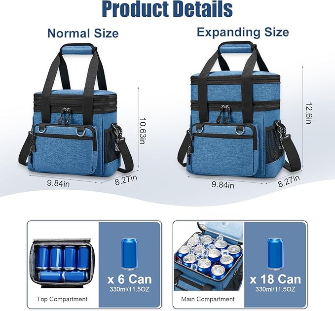 Insulated Lunch Box for Men/Women: Reusable Lunch Bag for Work Office Daytrip Picnic Beach - Leakproof Cooler Tote Bag Organizer for Adults - Blue